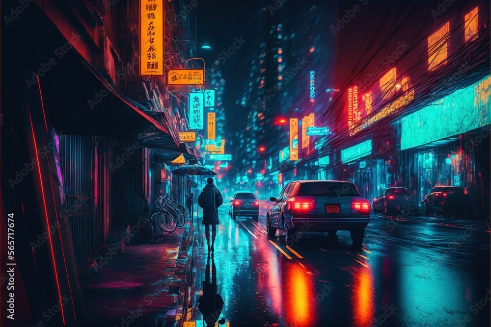 a person walking down a street at night with a car parked on the side of the street and a neon sign above them that says,.  generative ai