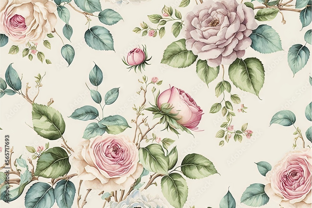 a floral wallpaper with pink roses and green leaves on a white background with a blue vase of flowers on the side of the wall. generative ai a floral wallpaper with pink roses and green leaves on a white background with a blue vase of flowers on the side of the wall. generative ai