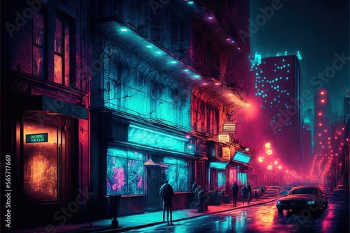  a man standing on a city street at night with neon lights on the buildings and a neon street sign above him that reads,'neon lights '.  generative ai photo