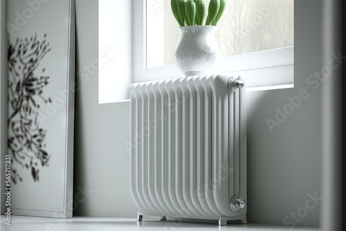  a radiator with a vase of flowers on the window sill next to it and a picture of a plant in the window. generative ai