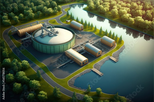  a large tank sitting on top of a river next to a forest filled with trees and a lake below it with a bridge over it.  generative ai