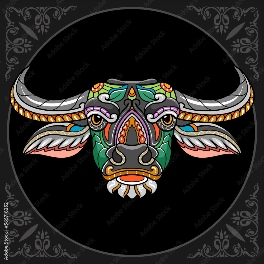 Colorful buffalo head mandala arts isolated on black background