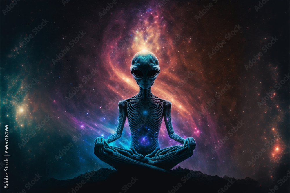 An alien in the cosmos meditating, surrounded by powerful and strong auras