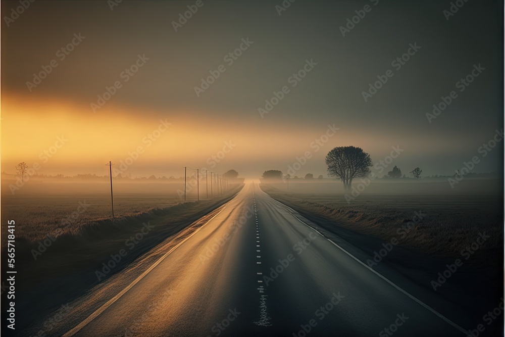  a long road with a lone tree on the side of it in the middle of a field at sunset with a foggy sky and a single tree.  generative ai