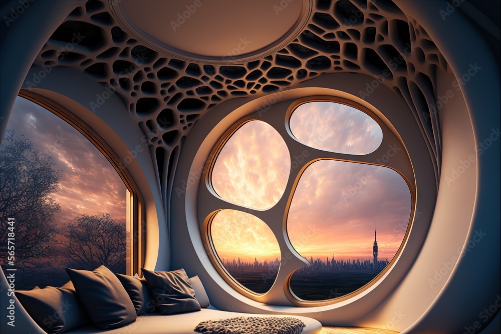 a bedroom with a large window and a view of the sky outside of it at sunset or dawn or dawn or dawn or dawn or dawn. generative ai a bedroom with a large window and a view of the sky outside of it at sunset or dawn or dawn or dawn or dawn or dawn. generative ai