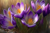  a painting of purple flowers in a field of grass and rocks with a brown background and a yellow center and orange center, with a brown center.  generative ai