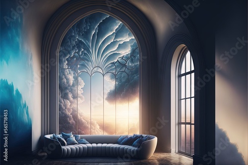  a couch sitting in front of a window with a sky view of clouds and a sun shining through it in a room with a large window.  generative ai photo