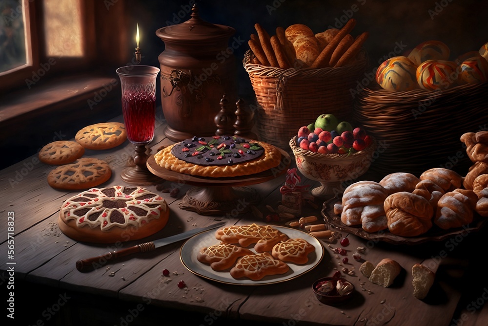 pastry table full of bread and sweets, generative AI, bread, wheat, baguette, the bakery