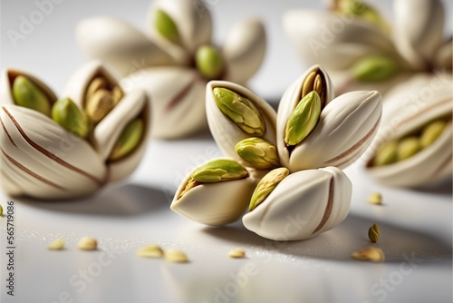  a group of nuts with leaves and seeds on a table top with a white background and a white background with a few more nuts on the top. generative ai