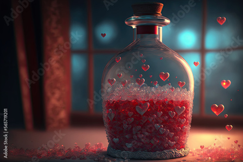 Red and white valentine hearts in crystal bottle, Generative AI