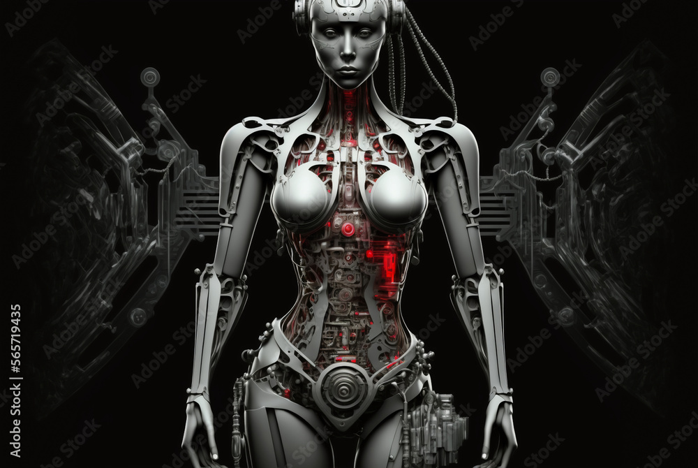 Evil artificial intelligence, robot metallicfigure, science fiction. Generative AI