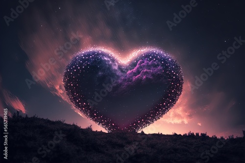  a heart shaped object in the middle of a field with a sky background and stars in the sky above it, with a purple and blue hued sky background.  generative ai photo