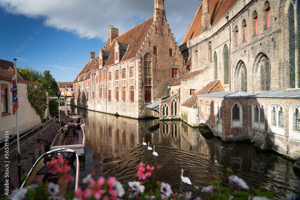 Brugge historical city with old buildings and water channel. Travel, vacation concept