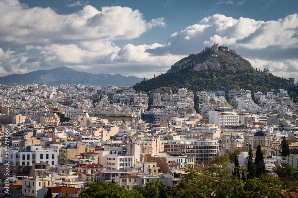 Cityscape of Athens with Acropolis on the hill. Vacation, travel, destination concept.