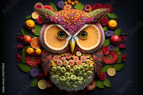  a colorful owl made of fruit and vegetables on a black background with flowers and leaves around it's eyes and eyes are open and the owl is surrounded by oranges and berries. generative ai