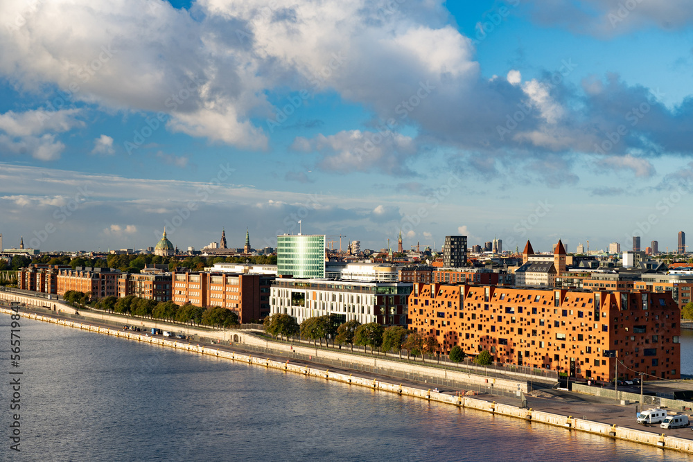 Waterside embankment modern architecture, Copenhagen, Denmark, aerial view. Travel and vacation