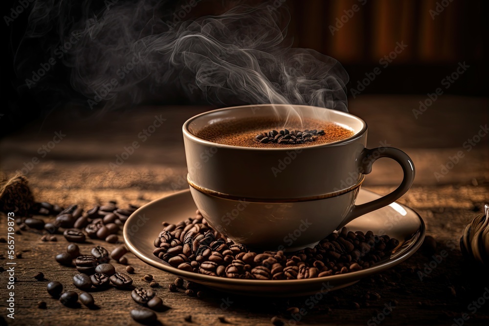 Fototapeta premium Cup of Coffee with Fresh Beans on a Wooden Table
