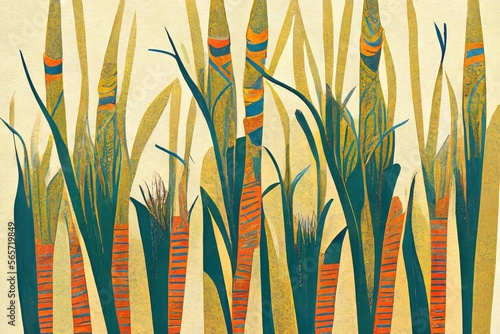  a painting of a field of tall grass with orange and blue stripes on it's stems and leaves, with a yellow background with a blue sky. generative ai