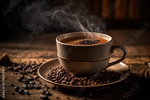 Cup of Coffee with Fresh Beans on a Wooden Table