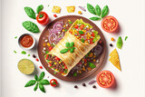 a plate of food with a wrap and vegetables on it and a side of salsa and corn on the side of the plate and a lime slice of tomato.  generative ai