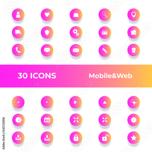e-commerce set of flat icons and buttons in vector with shadow for web, applications, mobile. includes gradient icons  of account, favourites, wish list, phone, chat, search, location, mail, delivery