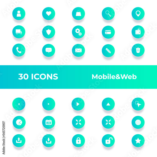 e-commerce set of flat icons and buttons in vector with shadow for web, applications, mobile. includes gradient icons  of account, favourites, wish list, phone, chat, search, location, mail, delivery