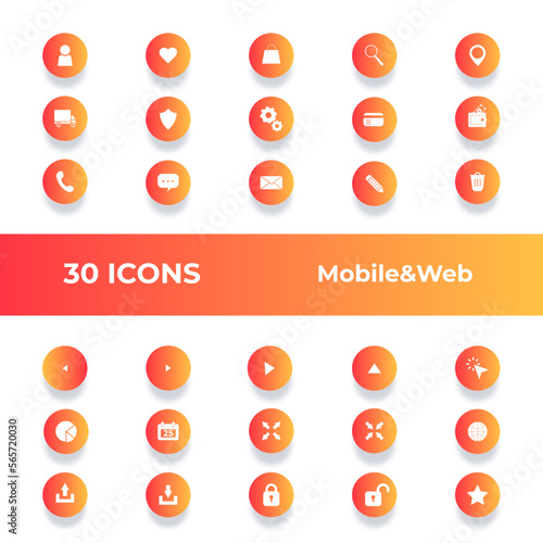 e-commerce set of flat icons and buttons in vector with shadow for web, applications, mobile. includes gradient icons  of account, favourites, wish list, phone, chat, search, location, mail, delivery
