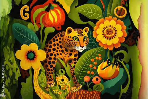  a painting of a leopard surrounded by flowers and plants with a pumpkin in the background and a bird in the foreground with a bird on the right. generative ai