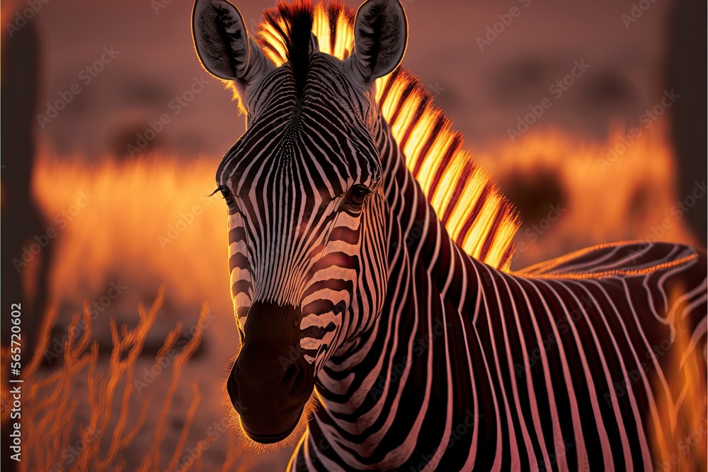 Obraz premium A close-up shot of a single zebra at sunset, with the focus on the animal's expressive face and the intricate patterns of its stripes. The image highlights the beauty of the zebra. Generative AI.