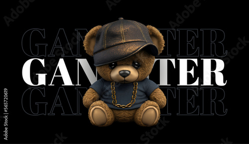 Teddy bear a cap and with a chain, slogan with gangster on black background. Illustration for printing on clothing. Ai. vector illustration.