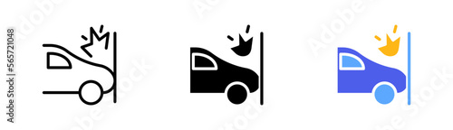 Car accidents set icon. Falling tree, fall off a cliff, overturned car, collision, dent, hood, fire, distance, crash, overheating. Vector icon in line, black and colorful style on white background