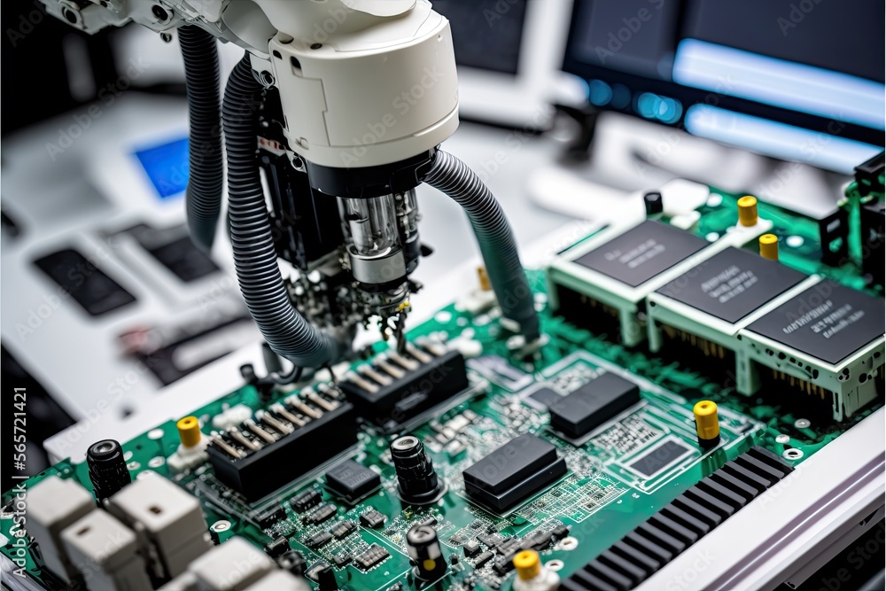 Robotic arm assembling electronic components on a circuit board in a ...