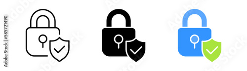 Shield and lock with tick line icon. Success, security, protection, protection, vindication, password, twofactor. Vector icon in line, black and colorful style on white background