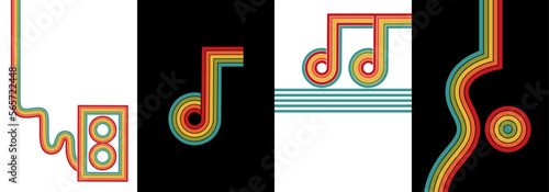 70s music poster set with guitar, musical notes, cassette tape. Disco music event. Retro party. Simple geometric hand drawn vector illustration