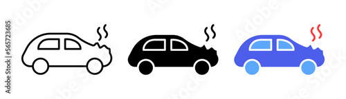Collision of two cars line icon. Car accident, drive, unable to control, warning sign, collision, collide, crash into wall. Vector icon in line, black and colorful style on white background