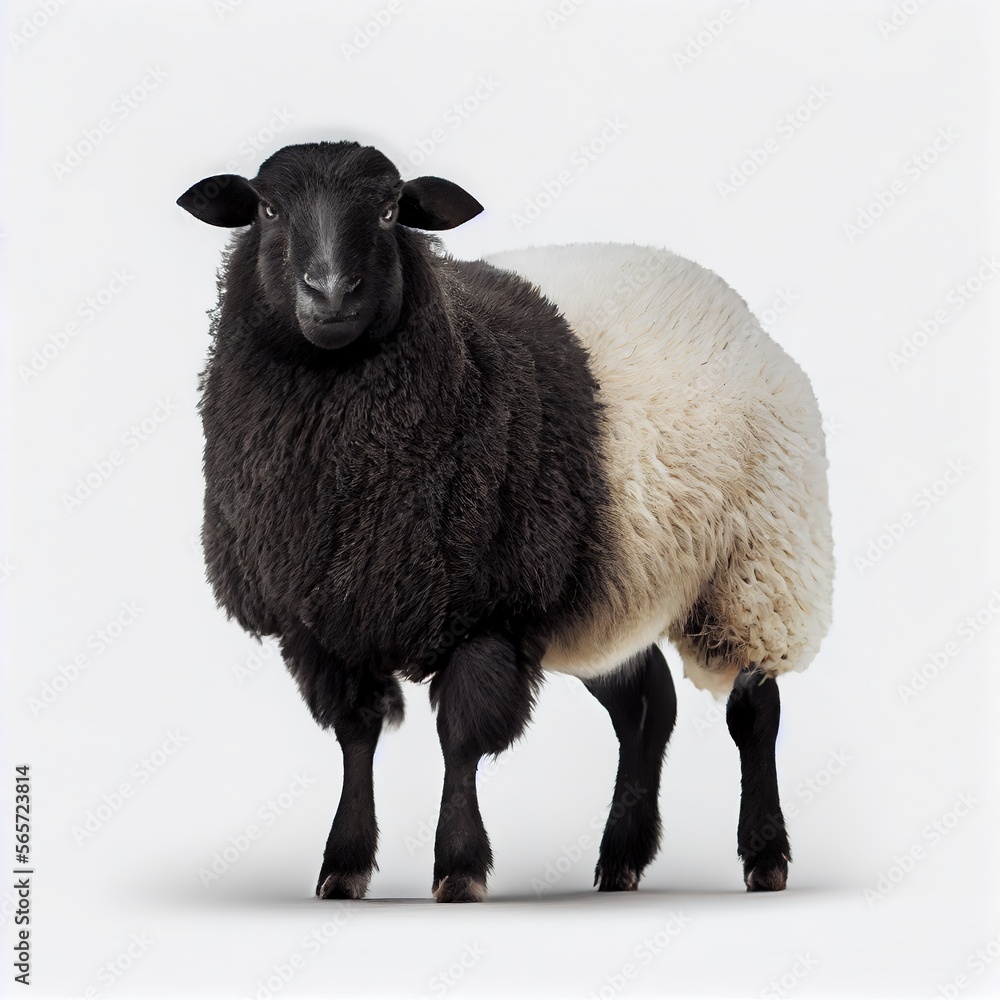 Fototapeta premium Black welsh mountain sheep breed isolated on white background. Generative AI