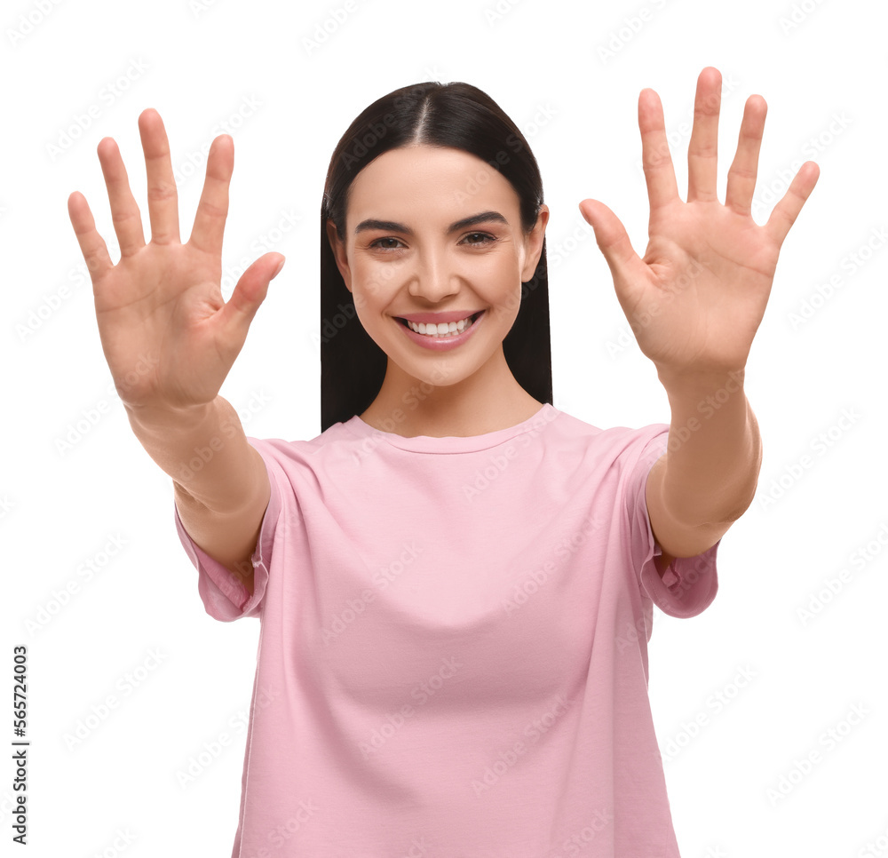 Happy woman giving high five with both hands on white background Happy woman giving high five with both hands on white background