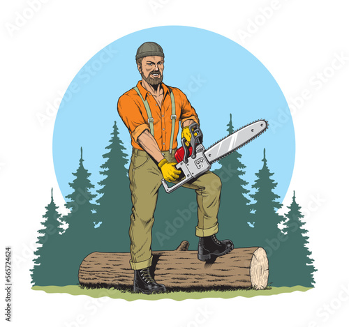 Lumberjack with chainsaw and downed log, forest background. Vector illustration.