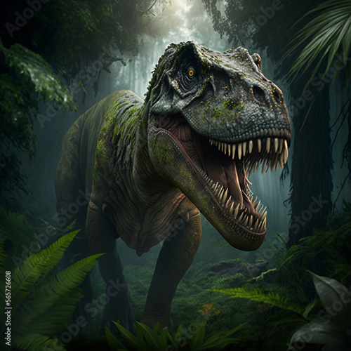 Extremely detailed and realistic illustration of dinosaur, t rex hunting in prehistoric jungle. Generative AI © Snowboy