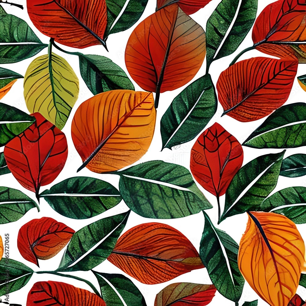 Red, orange and green leaves on a white background, watercolor, plants, leaves, nature, leaf. Generative AI.