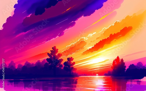 watercolor style, orange and red sunset, reflection of sun rays in the water, beautiful trees