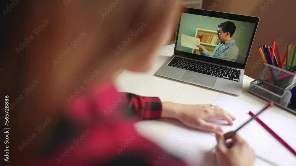 distance learning online education. girl school student studying at ...