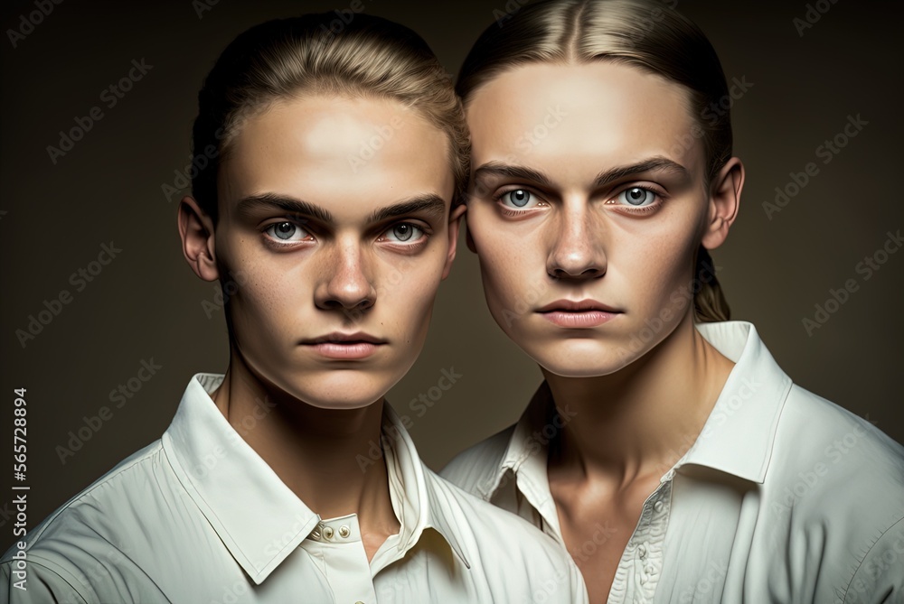 Studio portrait of two twin brothers, models look, perfect lighting, close-up. fictional people. Ai generated Studio portrait of two twin brothers, models look, perfect lighting, close-up. fictional people. Ai generated