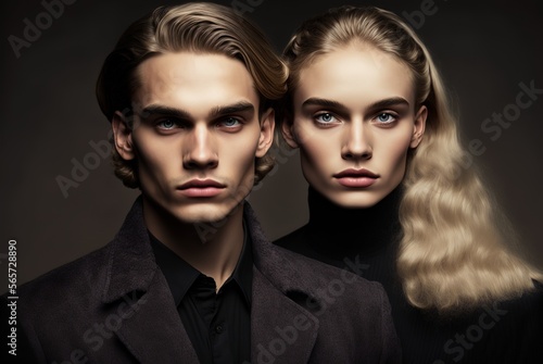 Studio portrait of two twin brothers, models look, perfect lighting, close-up. fictional people. Ai generated
