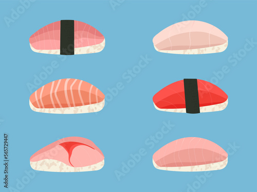 Set of nigiri sushi vector illustration isolated on blue background. Tuna, salmon, yellowtail, mackerel and scallop slices on rice. Flat cartoon style