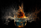 Fire and water splash. Dynamic concept of two opposite elements. Heat and hot with cold and freeze concept. Flame burn on liquid on rippled water droplet. Generative AI