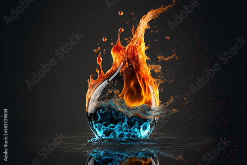 Fire and water splash. Dynamic concept of two opposite elements. Heat and hot with cold and freeze concept. Flame burn on liquid on rippled water droplet. Generative AI