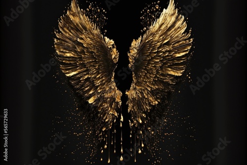 Splash gothic glamour decorative abstract concept. Gold wings of angel or eagle bird on black background. Generative AI.