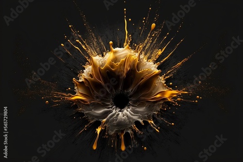 Burst splash inks in elegance glamour style. Explosion of gold golden yellow powder on black background. Generative AI 