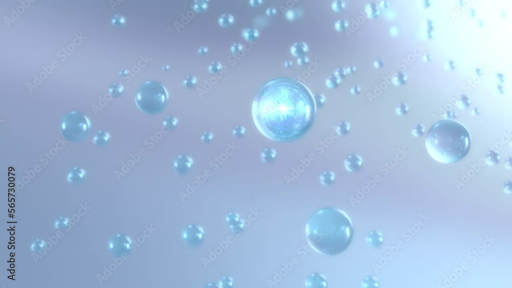A macro view of various water bubbles rising against a light blue background. Beauty glossy Moisturizing bubble blobs in super motion. 3D cosmetic serum animation A macro view of various water bubbles rising against a light blue background. Beauty glossy Moisturizing bubble blobs in super motion. 3D cosmetic serum animation